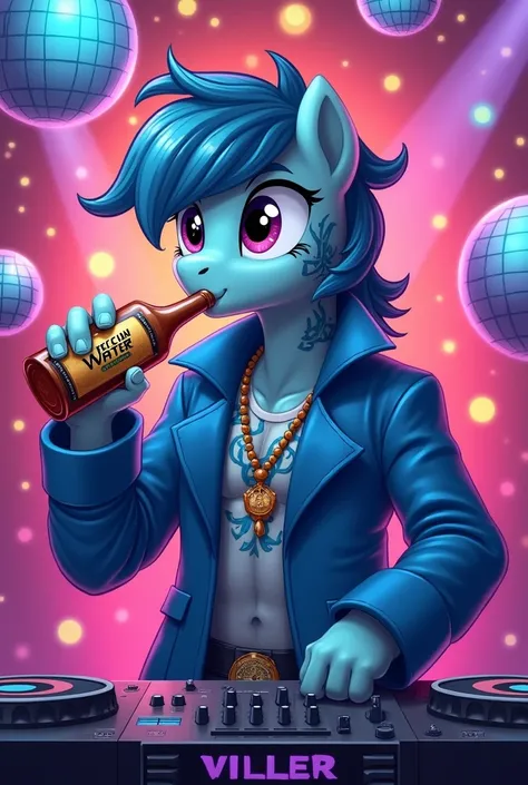 A blue my little pony (male) is DJ st a party with disco balls and he is drinking from a bottle of tequila with the words MEXICAN WATER on the label. He has tribal tattoos 