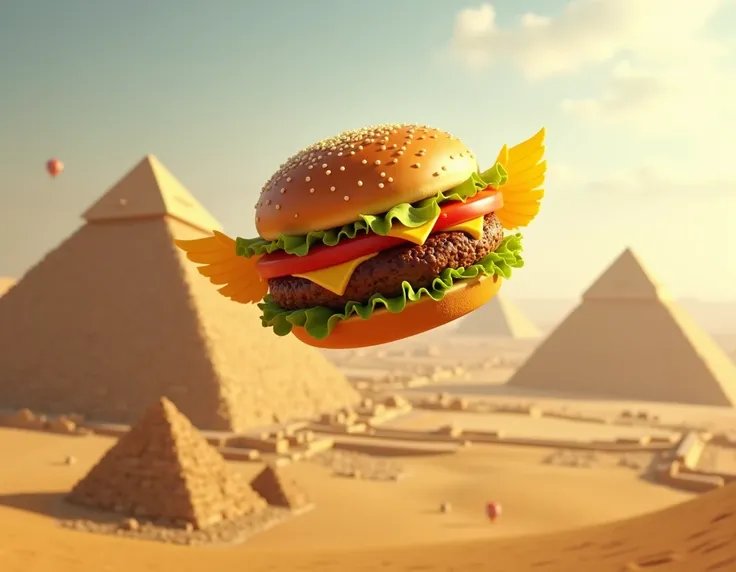 Imagine a juicy burger soaring through the sky above the majestic pyramids of Egypt. The golden bun glistens in the sunlight as it flies over the ancient structures, with lettuce and cheese fluttering like wings. Its a surreal sight—a delicious meal taking...