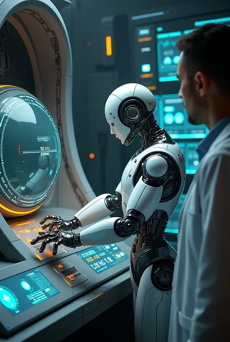 Image 6:  A robot adjusting the controls of the capsule **  
*Description*:  A robot adjusts the controls on the capsule ,  while the screens show that energy levels are stable.  
**dialogue (of the robot )**:  
**robot**: " Energy Level : 98%.  Optimized ...