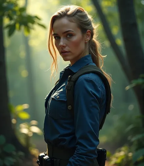 Brie larson, bounty hunter, uniform blue,at the forest