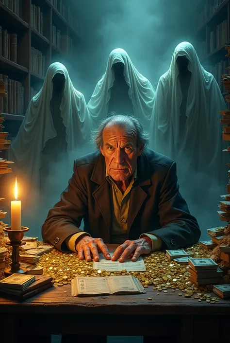 Ebenezer Scrooge sitting on his desk full of money with three horror ghosts behind him