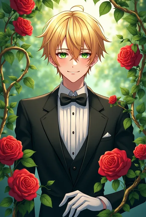 Blonde、 handsome、male、Butler、Green Eyes、Plant vine、
 lots of vines entwined、 bangs between eyes、 anime illustration smiling ,  blush,  scornful eyes, Rose Garden 、 black jacket 、 white gloves