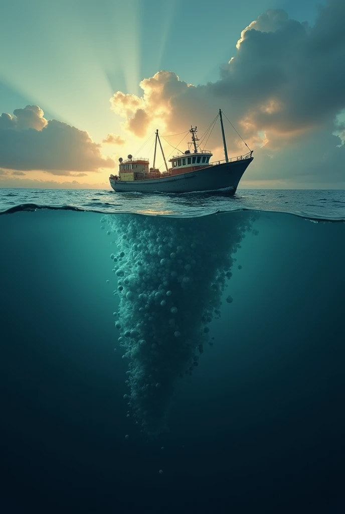  It shows an apparently calm ocean with a fishing boat floating at dusk. Little by little, huge bubbles start to emerge around it ,  followed by a large shadow moving underwater , leaving the audience in suspense.