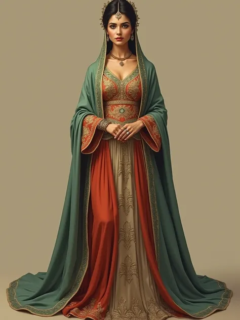 a Qajar dynasty painting of a woman standing. Modern style. Flat painting. Solid background. Hyper realistic