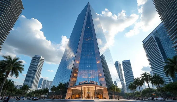 A sleek, ultra-modern triangular skyscraper located in downtown Miami, Florida, designed with a completely corporate aesthetic. The building has a glass façade with reflective windows that shimmer under the sunlight, blending shades of silver and blue. Its...