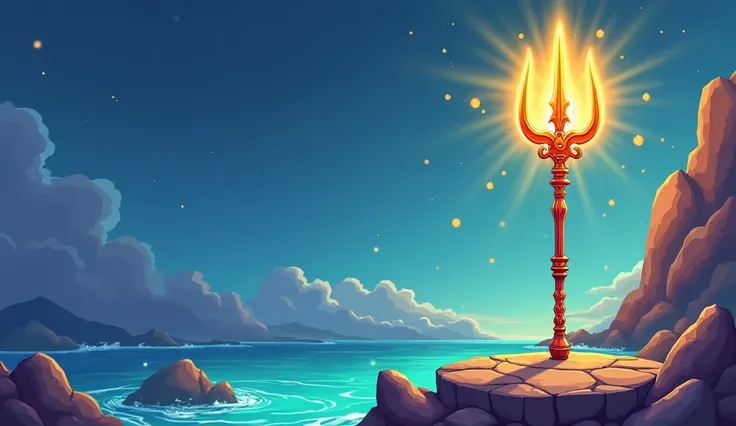 "Create a vibrant cartoon-style image divided into two sections:

Left Side (1/2 of the image): Leave this section blank for future customization.

Right Side (1/2 of the image): Depict a shining animated trident (त्रिशूल) standing tall on a rocky platform...