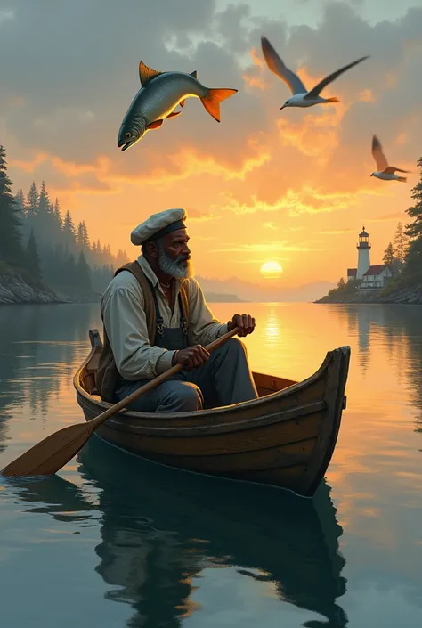 Um homem negro de meia-idade,  with a sailors hat and fishermans clothing , seated in a small wooden boat . He holds an oar over his shoulder .  a large salmon jumps close to the boat.  The boat is on a calm lake at sunset ,  with seagulls flying around an...