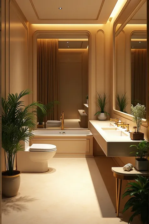  Create an individual bathroom with a large space you must have and look a toilet , a wash basin and a large mirror ,  you must have a little greenery just a little you must have golden colors the room must be very expensive, luxurious and elegant 