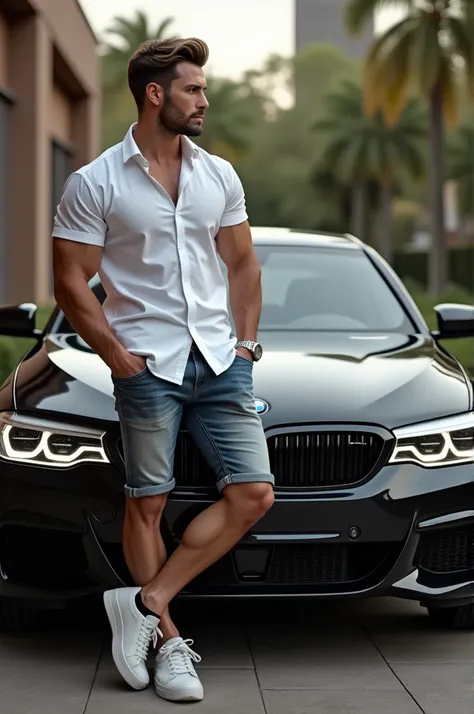  Beautiful and sexy man in a white shirt marking his muscles and washed denim shorts and a sports shoe, leaning against a black BMW looking at a blonde woman walking towards you  