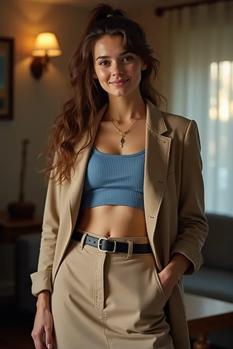  A woman likes brown hair and ponytail, Selfie standing , at night,  in the living room,  short beige skirt ,  black belt,  blue crop top , beige blazer  