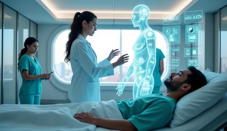 **Prompt:**  

A futuristic hospital room with advanced holographic displays glowing softly. **Dr. Meera** (35, fair, 170 cm tall, wearing a white lab coat and light blue scrubs) interacts with a blue-toned AI hologram, pointing at real-time patient vitals...