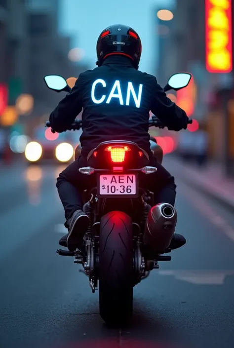 Can you create a visual with neon characters on the back sign in large letters CAN on the back sign when driving on the road with cyberpunk effect with your hands clasped on the engine of the BMW1200Gs brand 