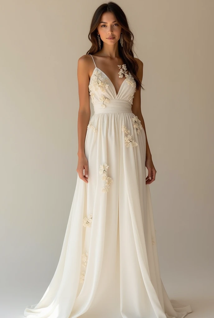 I want an image in the best possible quality of a Western woman,  dressed in a modern long wedding dress with Ibiza touches , off white color ,  small botanical watermarks in white embroidery both on the top and on the skirt and asymmetric neckline. I leav...