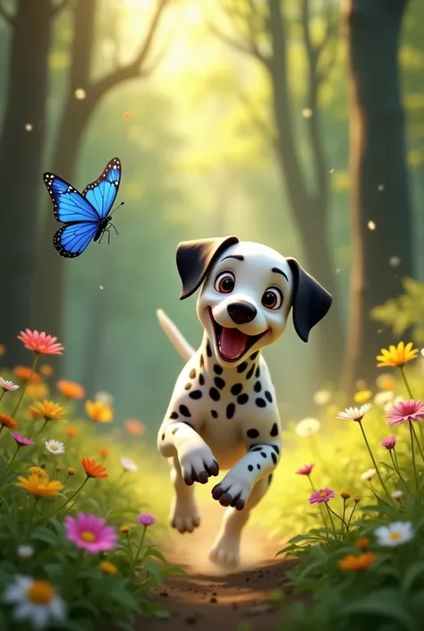 Max,  a Dalmatian puppy with black spots , is running happily through a sunny forest ,  chasing a bright blue butterfly that flies close to him . The scene is full of life ,  with tall trees and green leaves shining in the sunlight that crosses the canopy ...