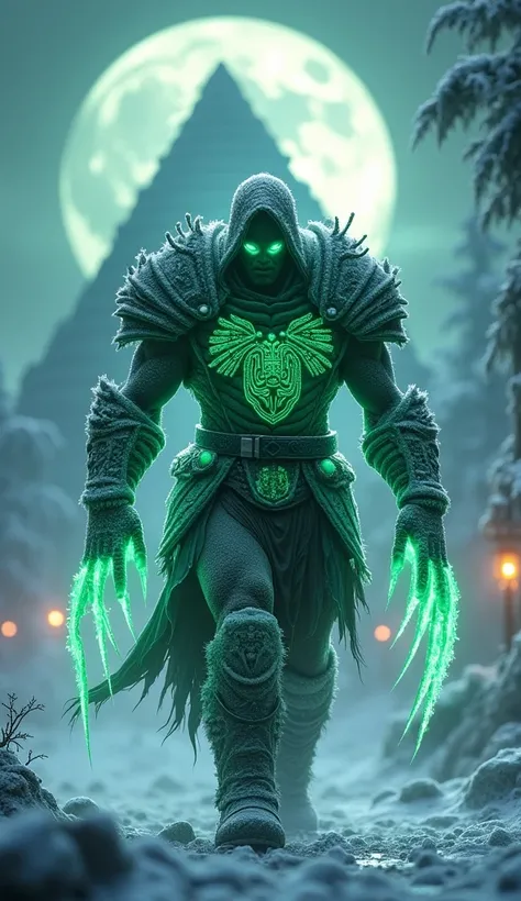 A chilling Sub-Zero-inspired warrior representing Mexico walks confidently through a frozen jungle, his glowing green armor adorned with Aztec glyphs frozen under layers of frost. His clawed gauntlets radiate icy energy, and his glowing emerald eyes glare ...