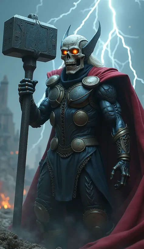 "Thor as a demonic skull figure, with Mjölnir covered in cursed runes, surrounded by black lightning, and wearing skeletal armor. Asgard destroyed in the background."