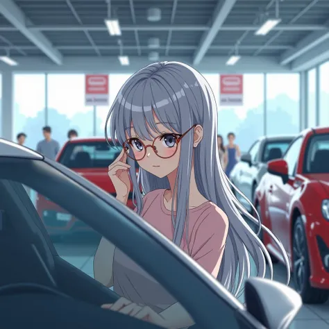 anime girl with gray long hair in round glasses at a car dealership chooses a car