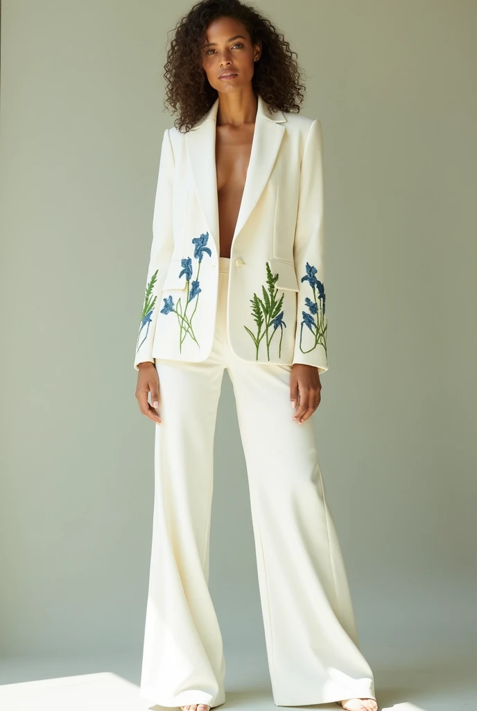 White suit for women with green and blue embroidery on the lower part of the sleeves of the jacket and boot of the pants 