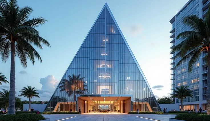 A sleek, ultra-modern triangular skyscraper located in downtown Miami, Florida, designed with a completely corporate aesthetic. The building has a glass façade with reflective windows that shimmer under the sunlight, blending shades of silver and blue. Its...