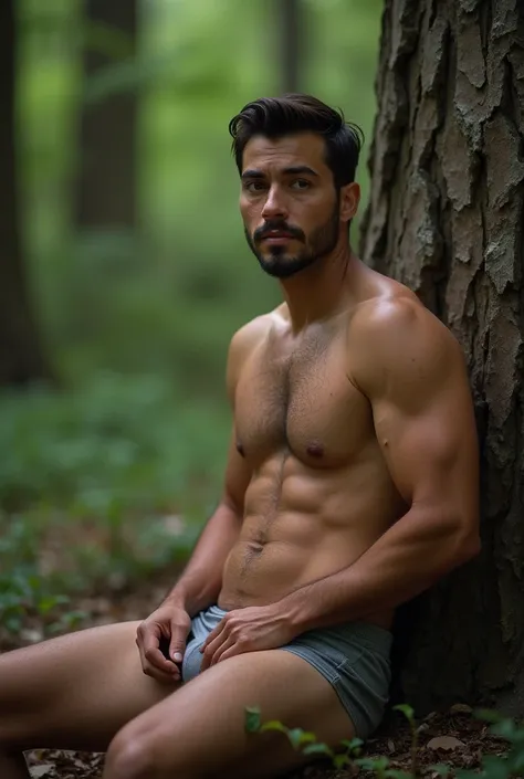  best quality ,  masterpiece ,  inexpressive,  super high resolution,  Detailed history , realistic, 1 person, Alone, eyes, Muscular, a little greasy, mature eyes,  short hair, facial hair, sitting,  tree ,  forest, real shadow and light,  depth of field, ...