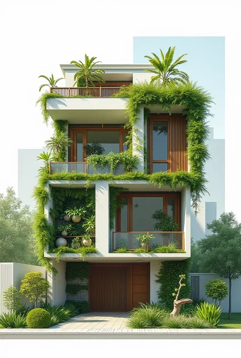  Create a sketch of a sustainable house with two vanishing points and draw them also visibly one already multi-storey and more variation of shape and plants on the wall and on the roof an attached garden already square and the plants should hang beautifull...