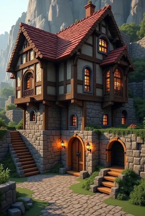  Create a rustic medieval construction /rustic .  The construction must use the following materials and elements :  
- **walls:** Made with wood  (oak, pinheiro ou oak escuro)  combined with stone ,  boulder or andesite to create a rustic and robust look ....