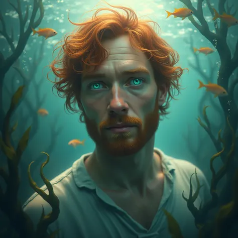 An Etherial redheaded middle age man portrait with turquoise eyes. underwater background