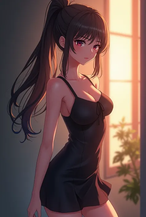 1girl, Best Quality, High Details, Bangs, Ponytail, Very Long Hair, Breasts, Backlighting, Anime, Short dress,