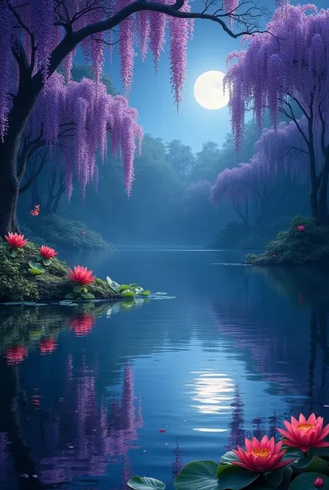 A lake surrandered with visteria trees and spider lilys at night