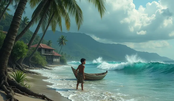 **Prompt:**  

A hyper-realistic depiction of rising sea levels threatening small islands. The scene captures a partially submerged tropical island with palm trees leaning at precarious angles, their roots exposed.  

In the foreground, a young boy (, wear...