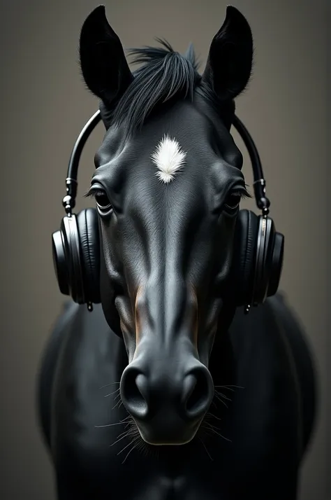 Black horse face with serious features and wearing earphones