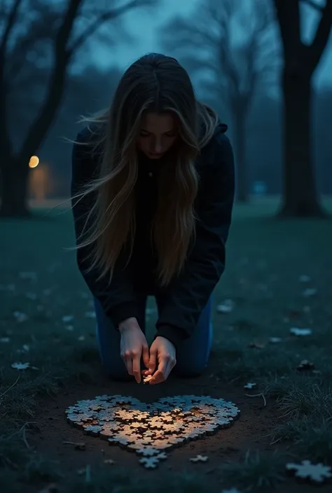  A Canadian woman with long brown hair in a park at night picking up the pieces of a puzzle that form a heart from the floor. Raw photograph in UHD , masterpiece shades of black and blue 