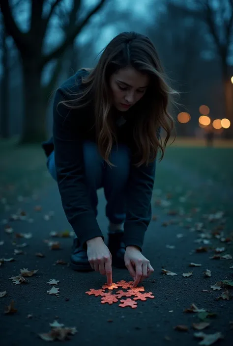  A Canadian woman with long brown hair in a park at night picking up the pieces of a puzzle that form a heart from the floor. Raw photograph in UHD , masterpiece shades of black and blue 