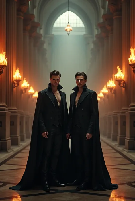 hall, luxurious, columns on the sides, dark light, torches on the walls, in the middle two handsome men, a vampire, smiling,