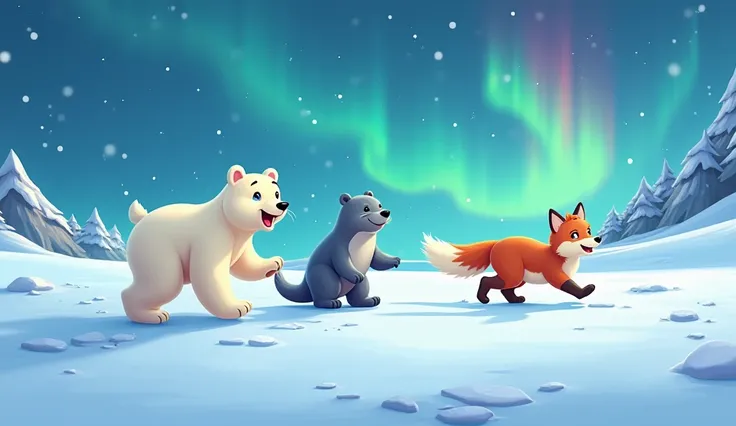 An adventurous cartoon trio—a polar bear cub, a seal pup, and an Arctic fox—joyfully trekking through a snowy Arctic landscape with sparkling snowflakes falling. The scene highlights the distant glow of the Northern Lights beginning to appear, creating a m...