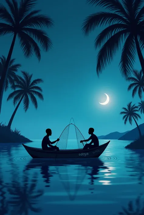  two black men fishing in a small boat in calm blue waters under a night sky.   Palm trees frame the scene ,  with a crescent moon visible in the sky .  One of the men is pulling a fishing net ,  while the other seems to be sitting ,  possibly watching .  ...