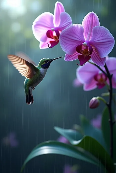 Hummingbird flying under an orchid in the rain 