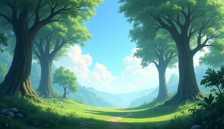 realistic enchanted forest background with few trees, clear sky, is