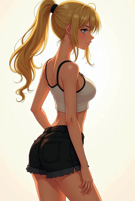 1girl, High Details, Best Quality, Long Hair, Ponytail, Blonde Hair, Silhouette, Anime, Short Pant, Crop Top,