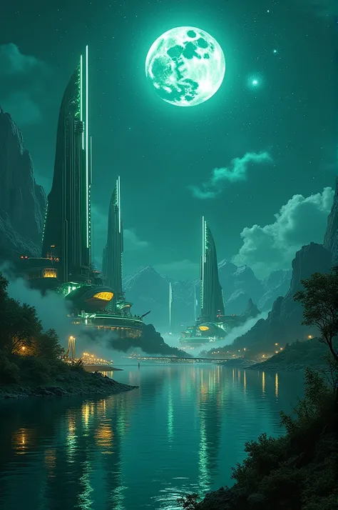 Green alien city night lake beautiful star