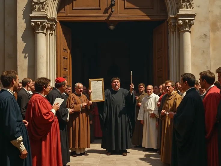 Martin Luther preaching the 95 Theses outside the church door