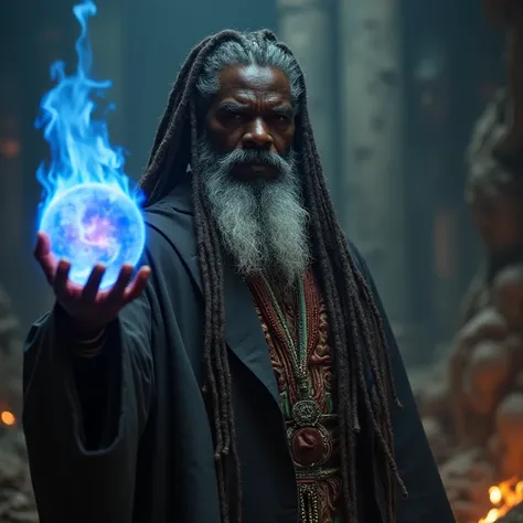 A cinematic high-fantasy picture of a handsome middle aged  dark-skinned man of Nigerian descent with long grey dreads. and thick grey beard He is a wizard with a dark fantasy theme. He is wearing a detailed brown and black robe. He is standing in a voodoo...