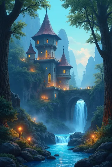  Create an image of a magical world filled with charms and mysteries .  This world must present :  
- **architecture:**  Magical constructions with tall towers ,  irregular shapes and elements supernatural , como pedras flutuantes e cristais brilhando em s...