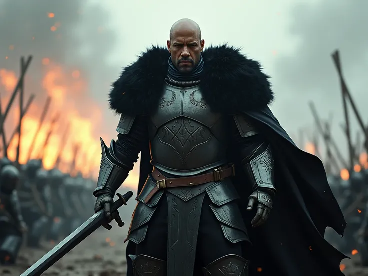 powerfull and realistic picture, knight(Vin Diesel in armor with black fur, Sword in one hand, black army background, battlefield