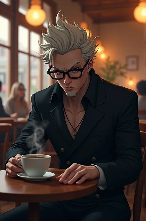 Sukuna wearing black eye glass and having coffee in a cafe