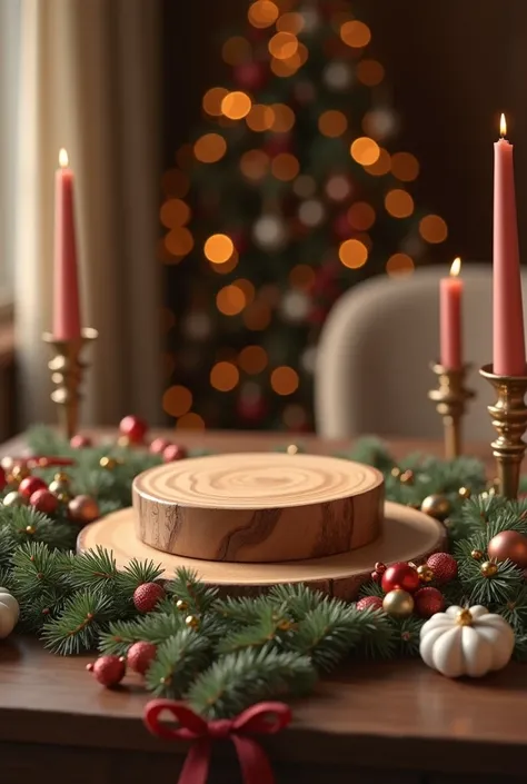 product mockup background view of holiday decorated table with wood podium on table