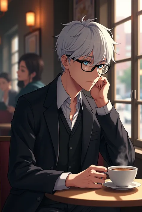 Gojo wearing black eye glass and having coffee in a cafe