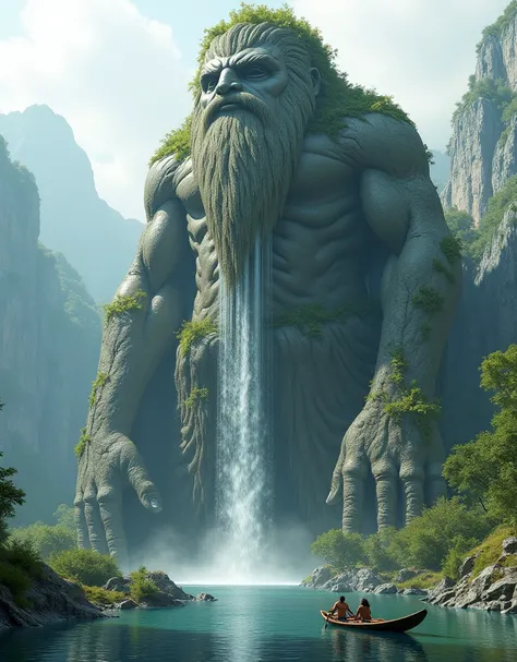 A cinematic 3d render of a colossal and mesmerizing man-shaped structure carved from a rock. Water cascades from his fingers like a waterfall into a serene lake below. The hand is surrounded by lush greenery, with moss and vibrant plants covering its surfa...