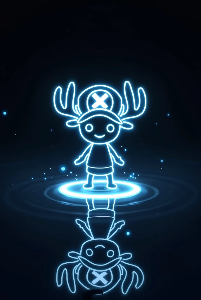 
"A glowing silhouette of Chopper from One Piece in a luminous neon style, featuring his small reindeer form, iconic hat with a cross symbol, and his round, cheerful face. He stands on a circle of energy over a reflective water surface, with bright particl...