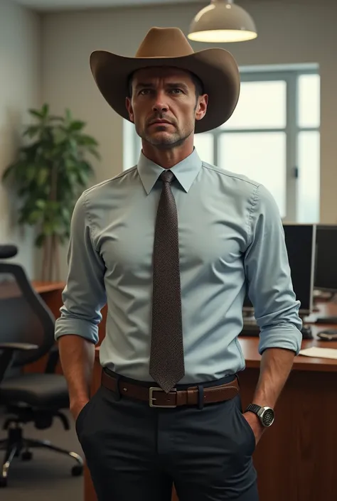 in an office setting, a 47 year old calm Scottish Caucasian male in a cowboy hat, business dress shirt, tie and business slacks
